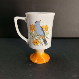 Vintage Footed Porcelain Mug Blue Bird Orange Flowers Made in Japan Pedestal Cup